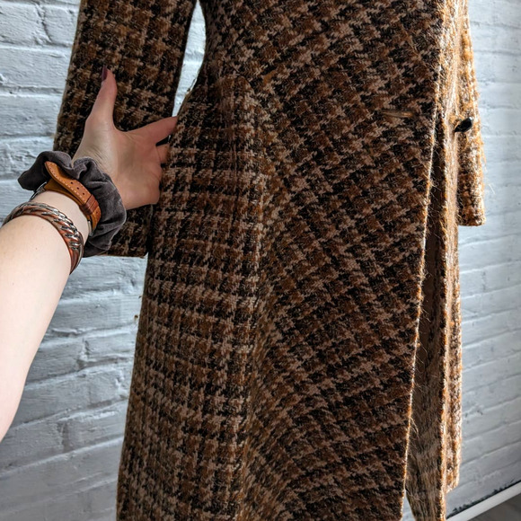 70s Vintage Penny Lane Wool Fur Coat Groovy Plaid Minimal Trench Afghan Jacket - Picture 10 of 11